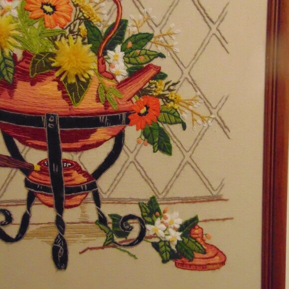 Vintage Copper Kettle & Flowers in Crewel, Wood Frame, 19.6 in x 25.6 in - Picture 4 of 8